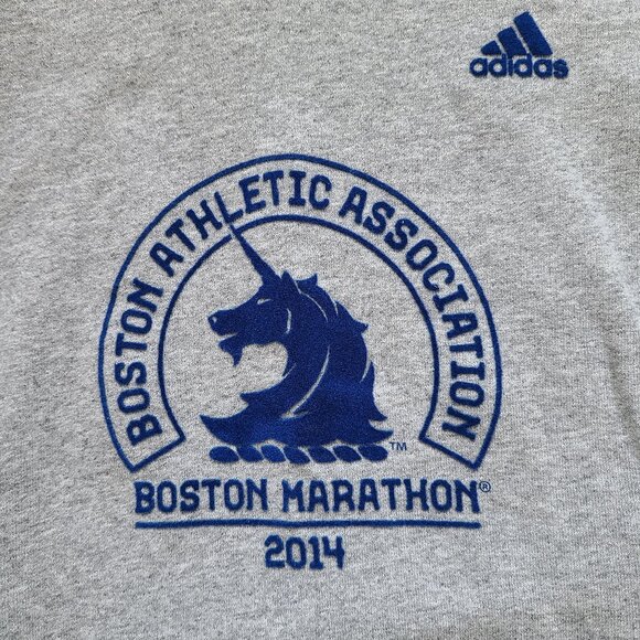 Men's 2014 Boston Marathon Adidas Hoodie S Gray Sweatshirt Flocked Graphic - Picture 1 of 12